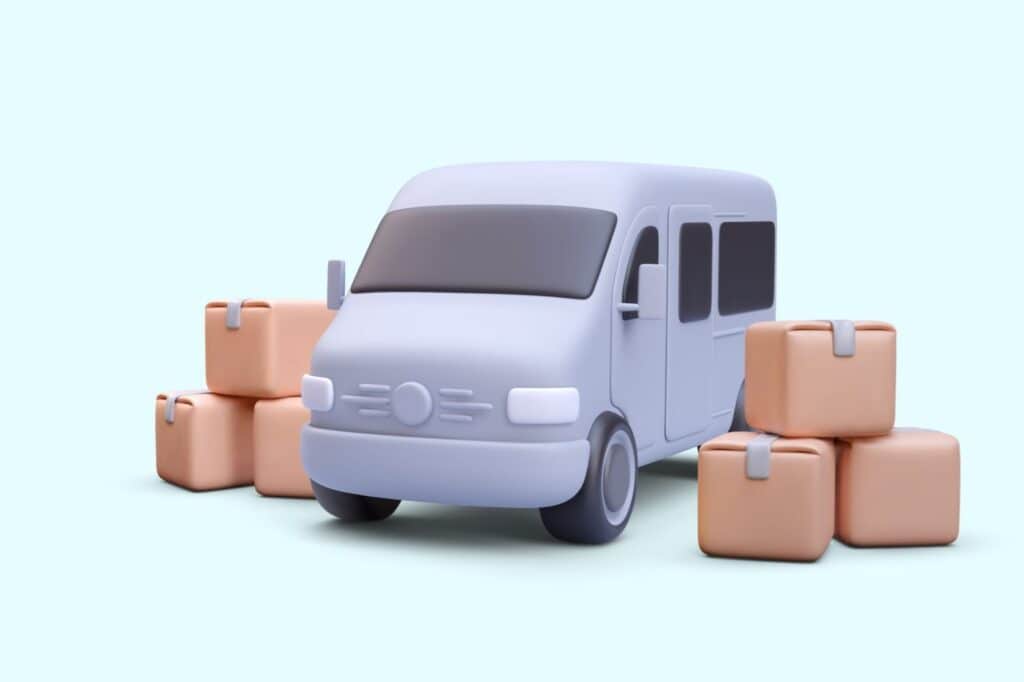 A 3D model of a moving van and boxes around it