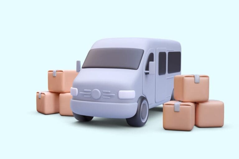 A 3D model of a moving van and boxes around it