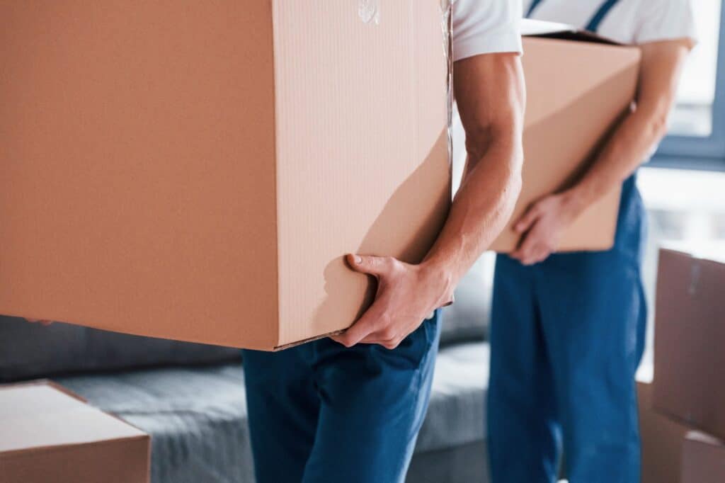 Two movers carrying cardboard boxes
