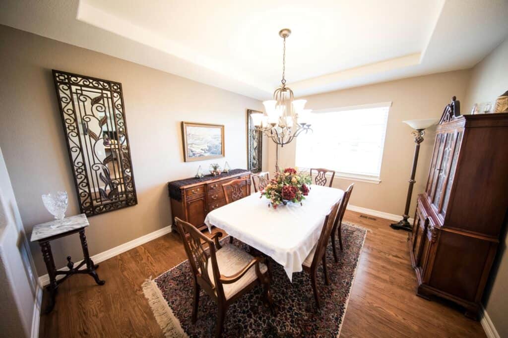 A dining area with bulky furniture
