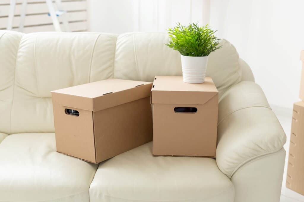 Small carton boxes and a pot on the couch in the concept of reasons for moving to North London.