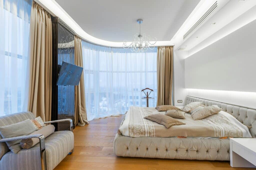 A luxurious bedroom in a modern apartment