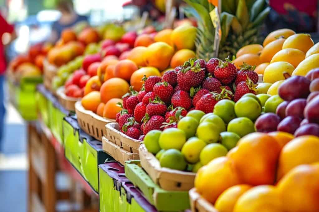 Food stalls in a farmers' market in the concept of 'local shops and markets in North London'.