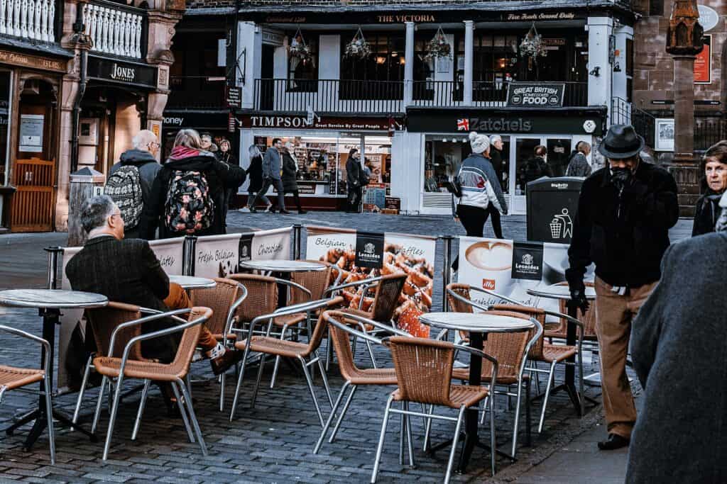 A town square full of shops and stores