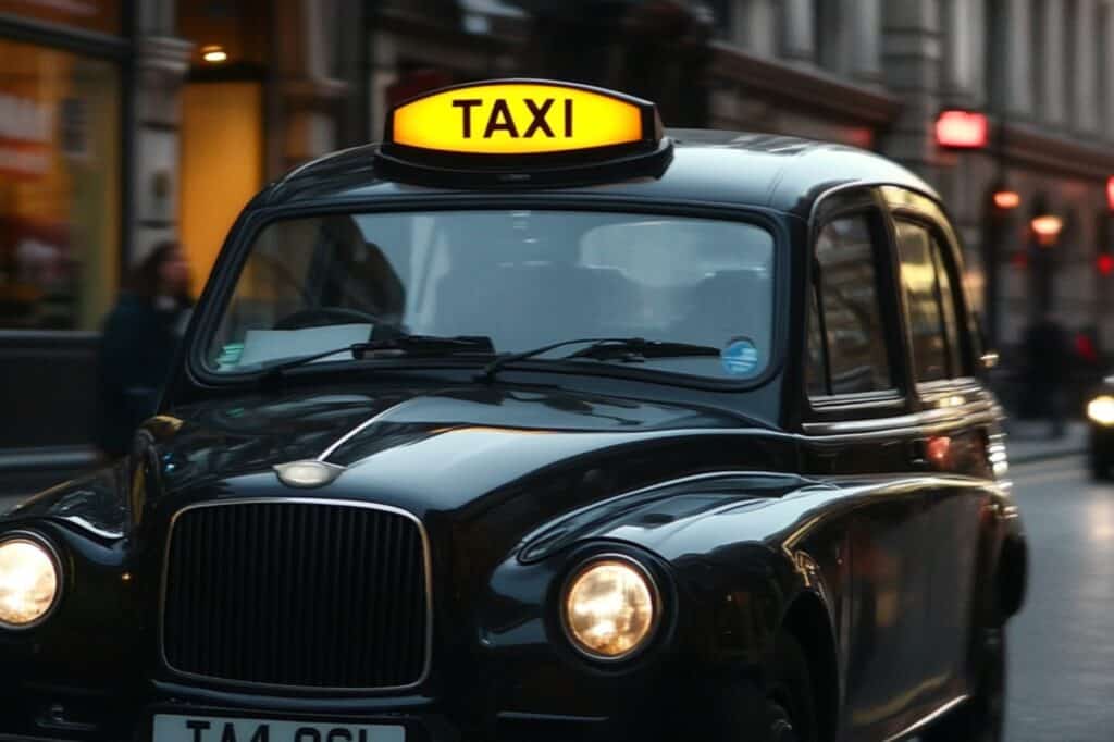 Closeup of a black cab on the road