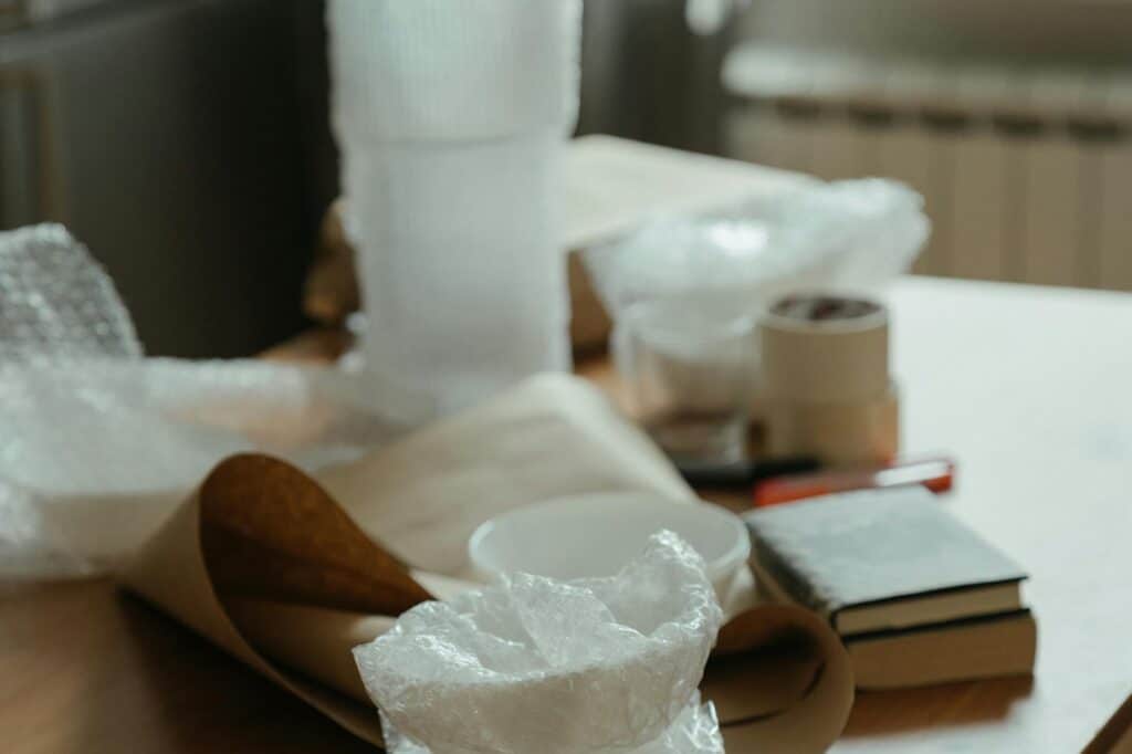 Household items covered by bubble wrap and packing paper