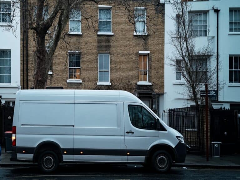 A white van of the Man and Van outside a townhouse in the concept of 'What Are Man and Van Services'.