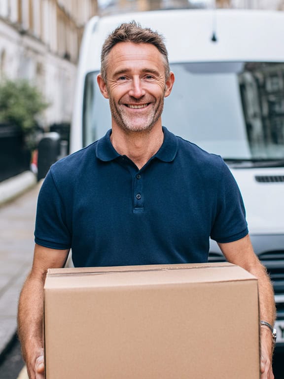 man wearing blue polo shirt carrying a cardboard box